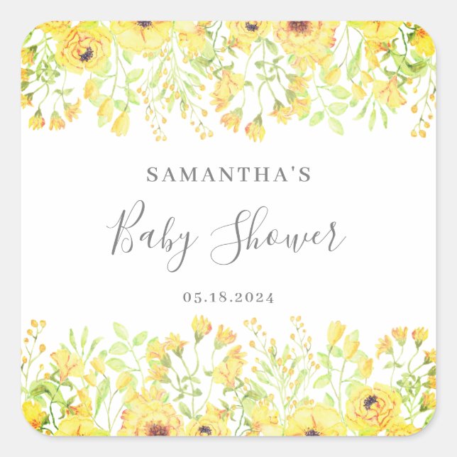 Sticker Carré Joli Baby shower Floral Jaune Neutre Genre (Devant)