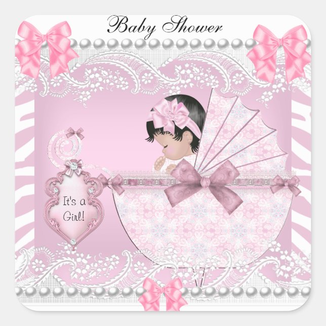 Sticker Carré Joli Baby shower Zebra Baby Girl Dentelle rose (Devant)