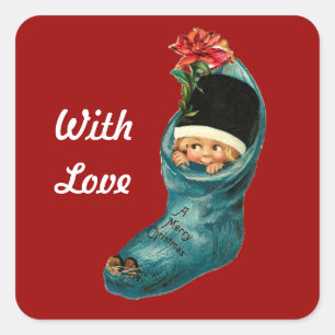 Sticker Carré Joli bas de Noël, petit enfant, blanc rouge