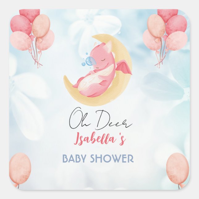 Sticker Carré Joli bébé dragon dinosaure Balloon baby shower (Devant)