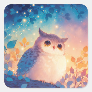 Sticker Carré Joli bébé hibou perché sur une branche avec des fe
