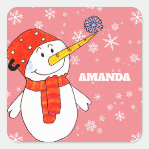Sticker Carré Joli bonhomme de neige et flocons de neige Noël au