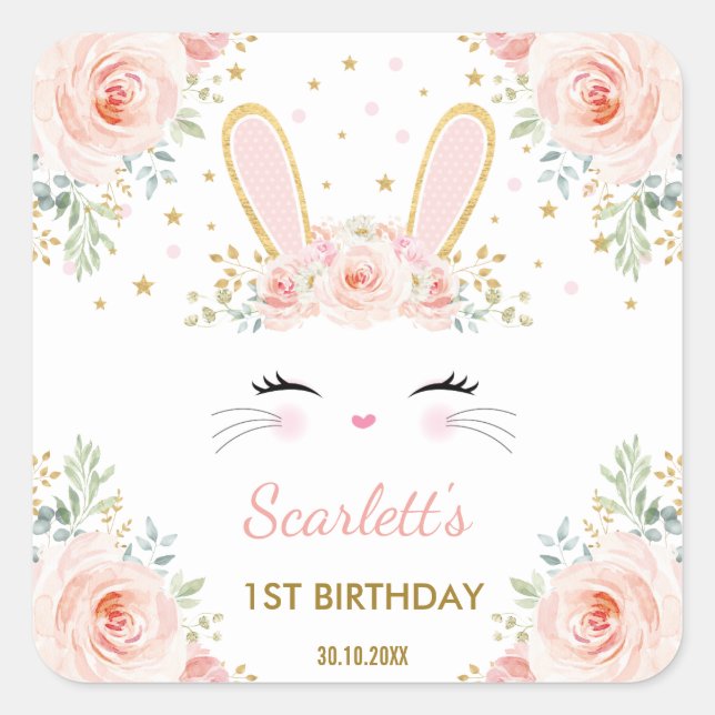 Sticker Carré Joli Bunny rose Blush or Floral Rose Anniversaire (Devant)