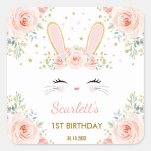 Sticker Carré Joli Bunny rose Blush or Floral Rose Anniversaire