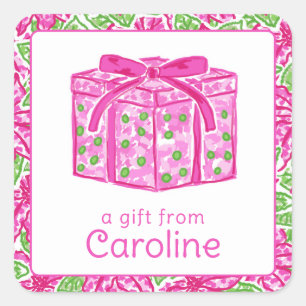 Sticker Carré Joli cadeau de Noël rose et vert présent