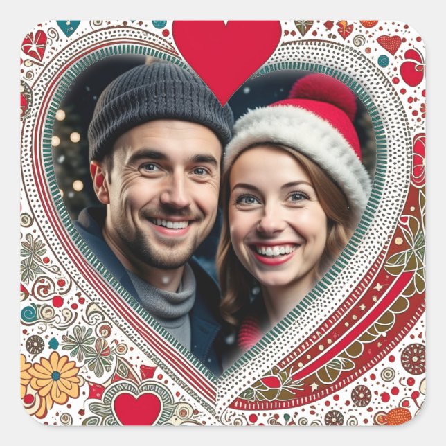 Sticker Carré Joli cadre de Coeurs Rouge et Turquoise (Devant)