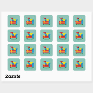 Sticker Carré Joli Cardinal Rouge Ouvrant un Cadeau Bleu