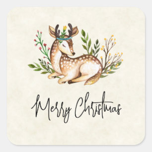 Sticker Carré Joli Cerf Aquarellé Pose En Bas Boho Noël