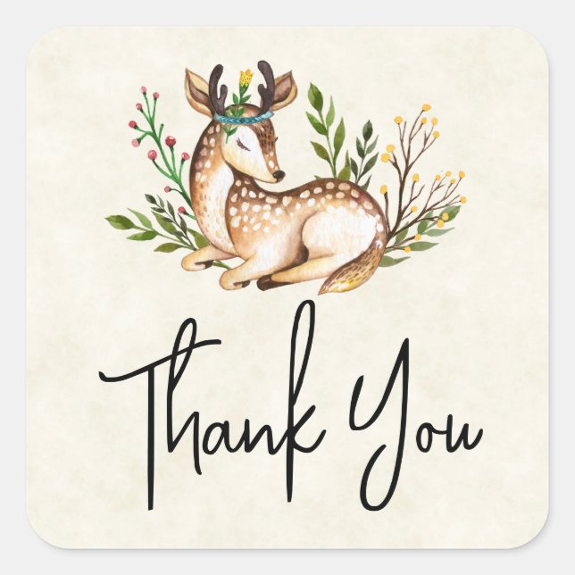 Sticker Carré Joli Cerf Aquarellé Posé Sur Le Merci Boho (Devant)