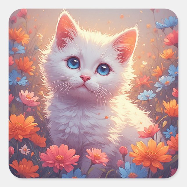 Sticker Carré Joli Chat Blanc Avec Fleurs 💖 (Devant)