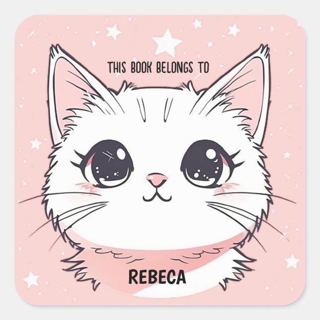 Sticker Carré Joli Chat Blanc Étoiles Roses (Devant)