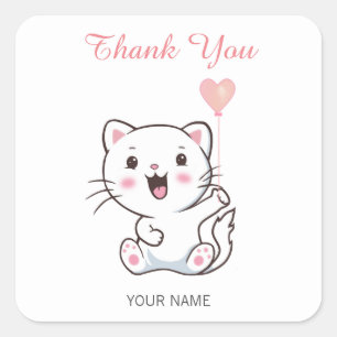 Sticker Carré Joli Chat Blanc Heureux avec Ballon en Forme de Co