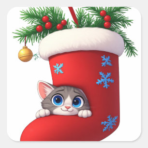 Sticker Carré 🎄 Joli Chat de Noël se Cachant dans une Chaussett