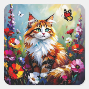 Sticker Carré Joli Chat Fantaisiste, Fleurs et Papillons
