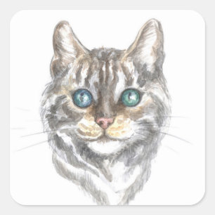 Sticker Carré Joli Chat Gris Argent Tabby Chat Chaton Amoureux