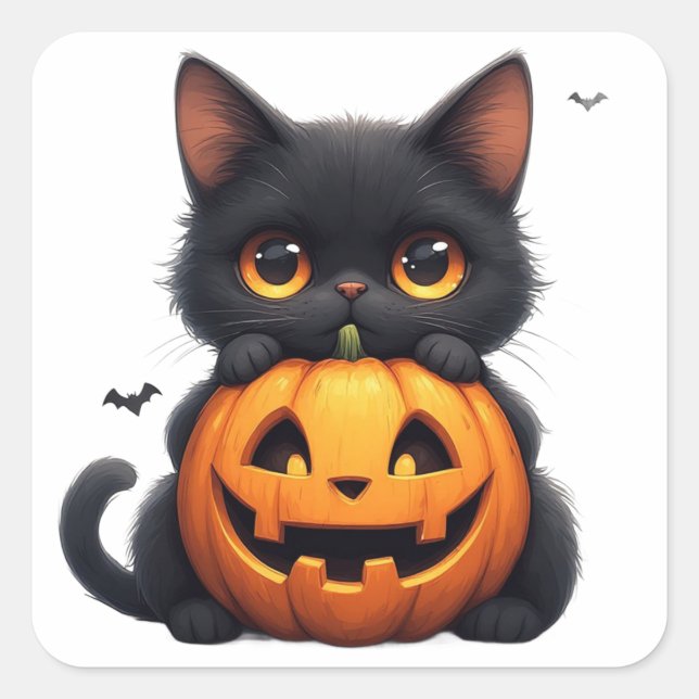 Sticker Carré Joli Chat Noir Avec Citrouille Jack O Lantern (Devant)