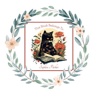 Sticker Carré Joli Chat Noir Avec Livre Plat Floral