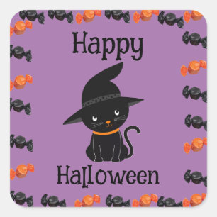 Sticker Carré Joli chat noir en chapeau de sorcière Joyeux Hallo