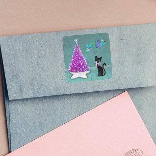 Sticker Carré Joli chat noir Pink Bow Pink Christmas Tree Turquo