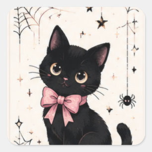 Sticker Carré Joli Chat Noir Toile d'Araignée Arc Rose