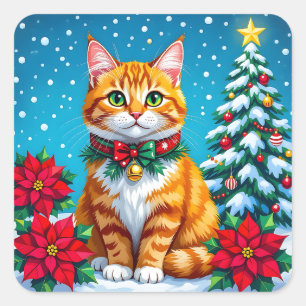 Sticker Carré Joli Chat Orange Festif Noël