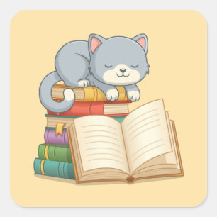 Sticker Carré Joli chat sur une pile de livres jaune