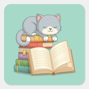 Sticker Carré Joli chat sur une pile de livres verts