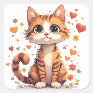 Sticker Carré Joli Chaton de Dessin Animé Avec des Cœurs Floraux
