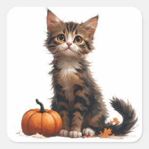 Sticker Carré Joli Chatons à Côté de Citrouille Halloween 🎃
