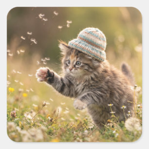 Sticker Carré Joli Chatons Portant un Chapeau Jouant avec des Pi