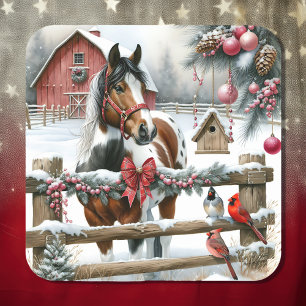 Sticker Carré Joli Cheval Brown et Blanc Ferme rustique Noël