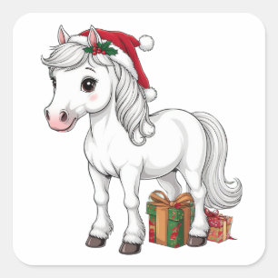 Sticker Carré Joli cheval de Noël avec chapeau de Père Noël