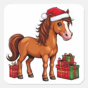 Sticker Carré Joli cheval de Noël avec chapeau de Père Noël