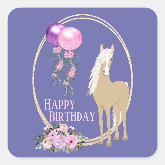 Sticker Carré Joli Cheval et Fleurs Pink Périwinkle Anniversaire (Devant)