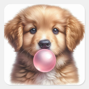 Sticker Carré Joli Chien Chien Brown Poussant Bubble Gum