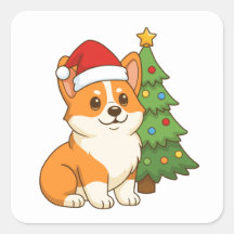 Joli chien Corgi avec un chapeau rouge et un sapin