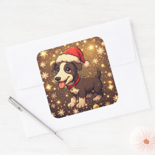Sticker Carré Joli chien de Noël avec chapeau de Père Noël dessi