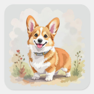 Sticker Carré Joli chien Pembroke Welsh Corgi rouge