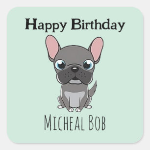 Sticker Carré Joli chien pug gris joyeux anniversaire nom person