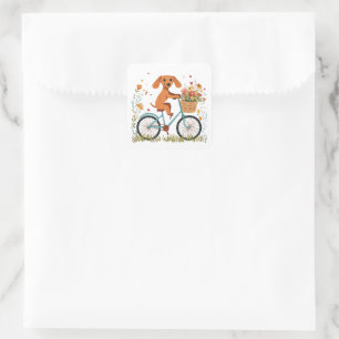 Sticker Carré Joli chien teckel à vélo Fleurs printanières