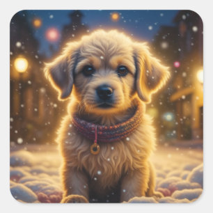 Sticker Carré Joli chiot de Noël dans une nuit de neige