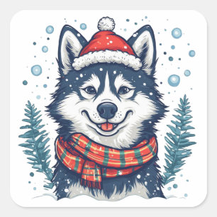 Sticker Carré Joli chiot husky portant un chapeau de Père Noël d