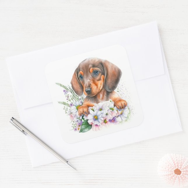 Sticker Carré Joli chiot teckel à l'aquarelle florale (Enveloppe)