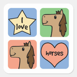 Sticker Carré Joli clip art de dessin animé J'adore les chevaux