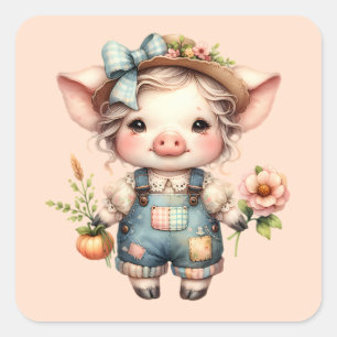 Sticker Carré Joli cochon Farmcore en salopette avec des fleurs
