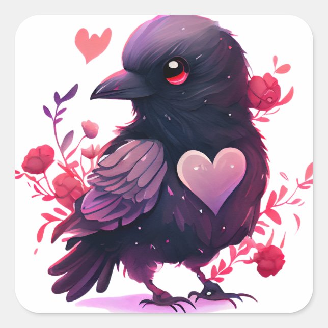 Sticker Carré Joli cœur oiseau noir Saint-Valentin (Devant)