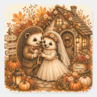 Sticker Carré Joli Couple de Jeunes Mariés Hérissons Mariage en 