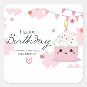 Sticker Carré Joli Cupcake Kawaii Joyeux Anniversaire – Douce Pa