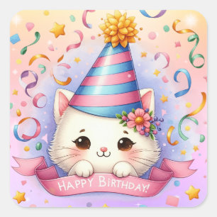 Sticker Carré Joli dessin animé Kawaii Kitty Chat Joyeux Anniver