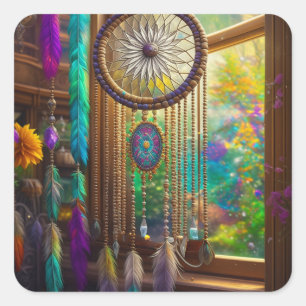 Sticker Carré Joli Dreamcatcher en Boho violet fenêtre